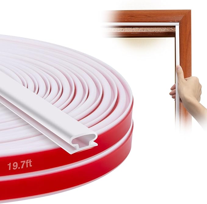 SUNMON Weather Stripping Silicone Door Seal Strip for Doors and Windows, 19.7ft Self-Adhesive Waterproof Window Sealing Strip (White)