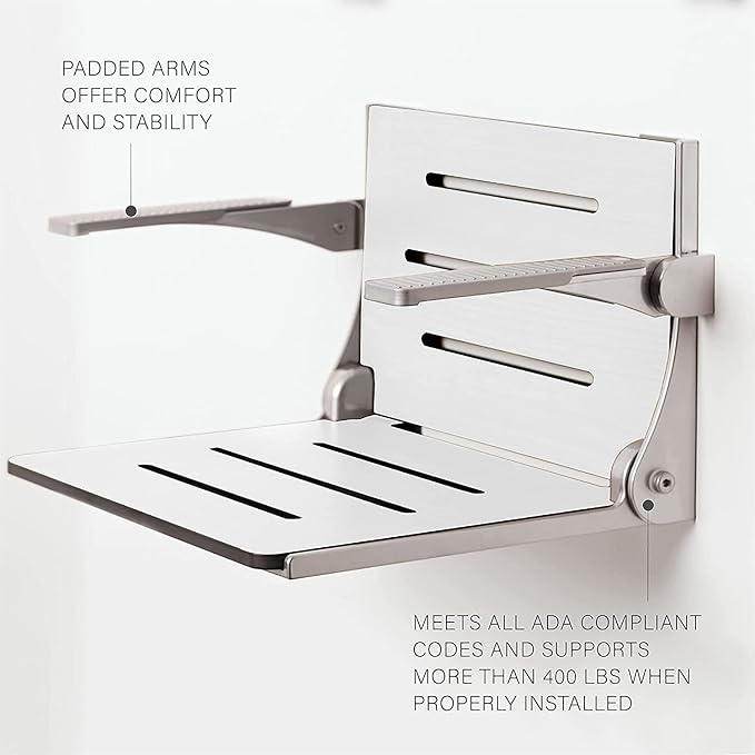 Seachrome Silhouette Comfort Folding Wall Mount Shower Bench Seat with Arms, White Seat with Matte Black Frame