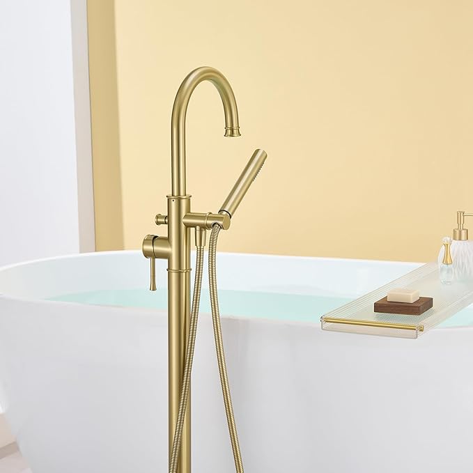 Free Standing Tub Faucet Brushed Gold Freestanding Bathtub Faucet Floor Mount Brass Bathroom Tub Filler with Hand Shower