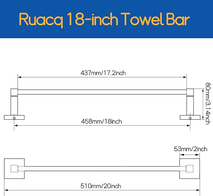 RUACQ Towel Bar 18inch, Towel Racks for Bathroom, 304 Stainless Steel Towel Holder Wall Mounted, Heavy Duty Bathroom Decor Towel Rod (Matte Black)
