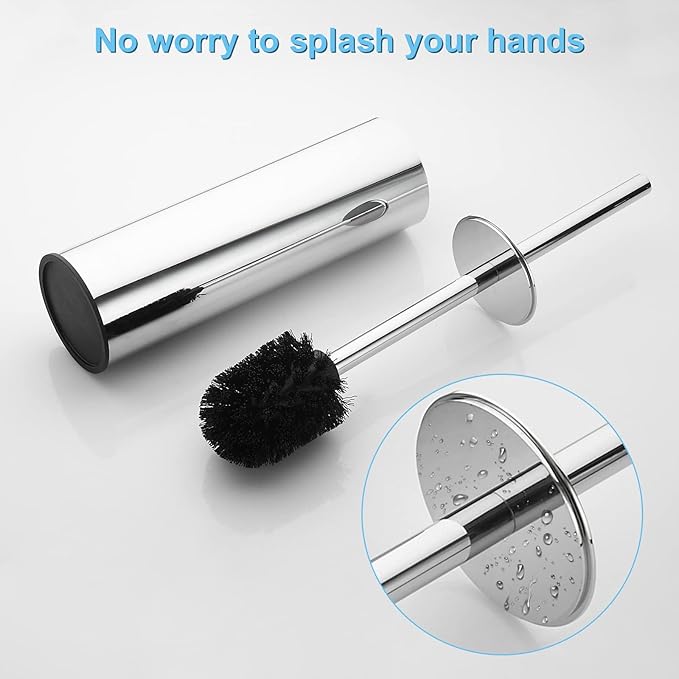 Toilet Brush and Holder Set Chrome Stainless Steel, 304 Heavy Duty Round Toilet Brush Set – Rust Resistant, Long Handle, Replacement Heads, Floor Standing Bathroom Toilet Cleaning Brush