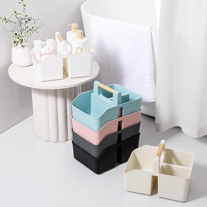 rejomiik Portable Shower Caddy Basket with Bamboo Handle, Plastic Cleaning Caddy Bathroom Organizer Tote for College Dorm Essentials, Bath Toy Storage, White