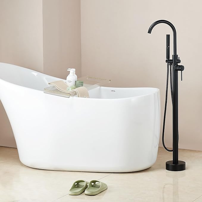 Freestanding Bathtub Faucet Matte Black Tub Filler Floor Mount Free Standing Metal Bathroom Tub Gooseneck Spout With 2 Function Hand Shower