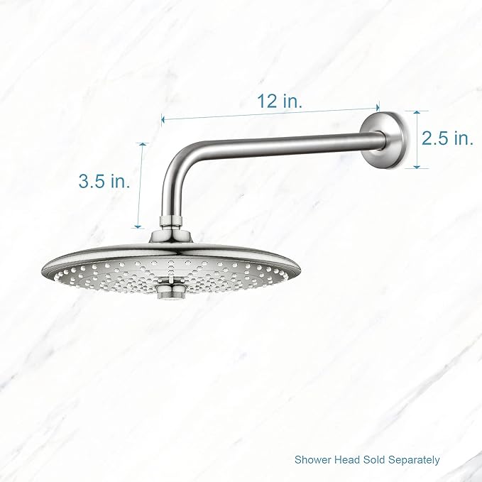 OFFO Shower Arm with Flange, 12 in Brushed Nickel Wall Mount Replacement Angle Shower Head Arm Wall-Mounted For Fixed Shower Head & Handheld Showerhead
