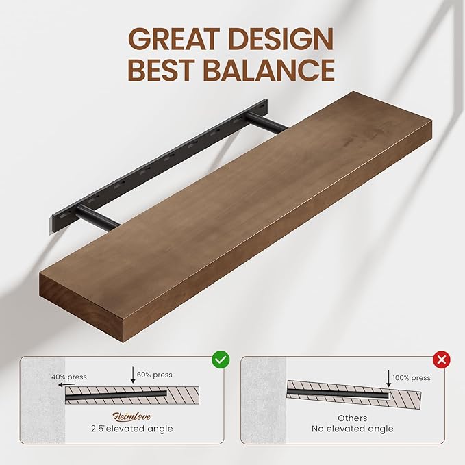 Heimlove 36 inch Floating Shelves for Wall,2 Packs Natural Pine Solid Wood Floating Shelves, 8 inches Deep Wooden Shelves for Kitchen Bedroom Office & Living Room Display Wall Decor