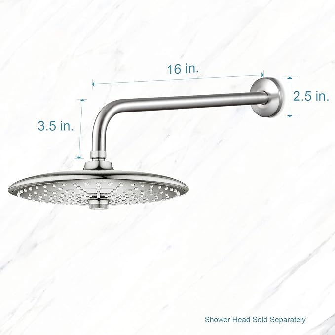 OFFO Shower Arm with Flange, 16 in Brushed Nickel Wall Mount Replacement Angle Shower Head Arm Wall-Mounted For Fixed Shower Head & Handheld Showerhead