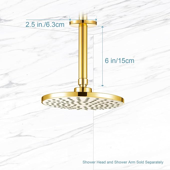 OFFO Shower Arm with Flange, Bright Gold 6 in Ceiling Mount Replacement Rain Shower Head Straight Arm Ceiling-Mounted For Fixed Shower Head & High Pressure Rain