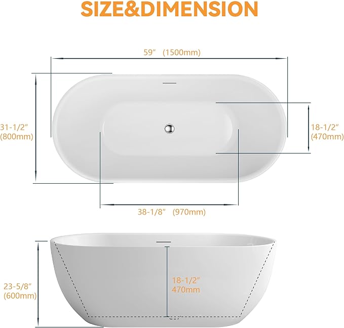 59" Acrylic Freestanding Bathtub, Free Standing Tub, Stand Alone Tub with Overflow and Drain, cUPC Certified, Gloss White