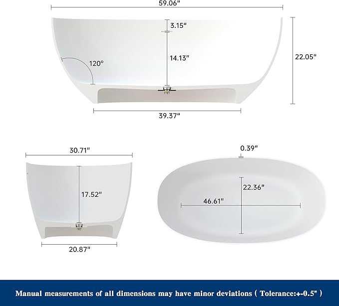 59" Premium Solid Surface Freestanding Bathtubs, Upgraded Matte White Modern Design Stand Alone Stone Resin Tub with Overflow and Pop-up Drain