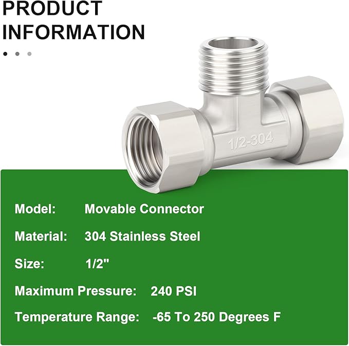 TAISHER 2PCS 304 Stainless Steel 3 Way Left&Right 2 Ends Flexible Movable Tee Connector, 1/2" Male for Sprayer, Angled Valve, Shower Arm