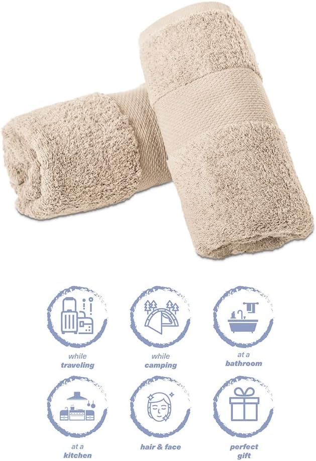 Hencely Luxury Hand Towel - Set of 2 (16x28 Inches) - Soft Turkish Cotton, Absorbent, Quick-Drying Face, Body, Kitchen, and Bathroom Towel (Hand Towels 2 Pack, Beige)