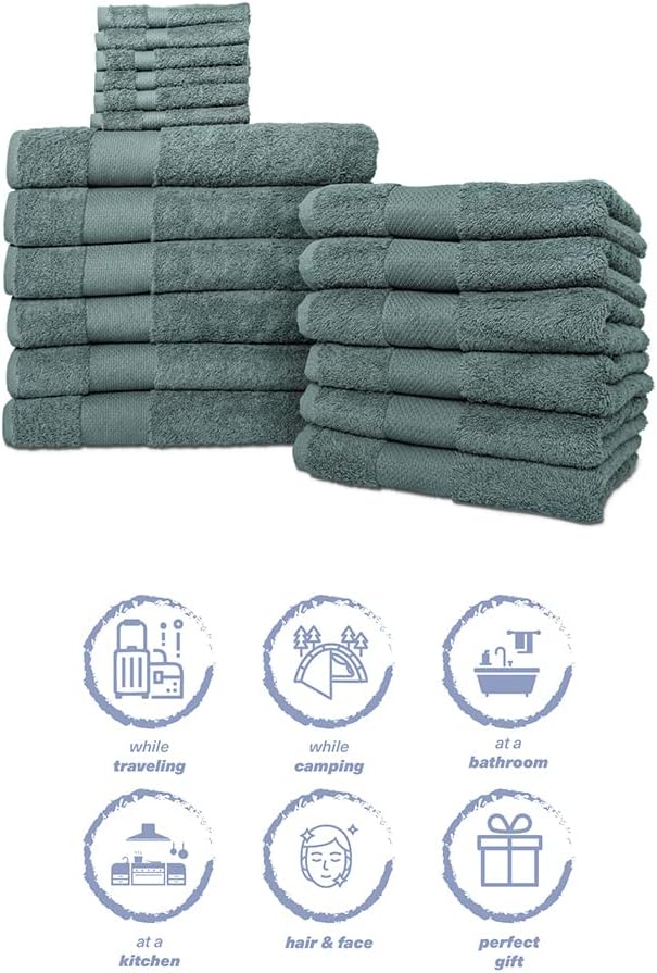 Hencely 18-Piece Bath Towel Set - High Absorbency, Quick Drying - 100% Soft Turkish Cotton - 6 Bath Towels, 6 Hand Towels, 6 Washcloths - for Bathroom, Home, Hotel, Spa, and Gym - 18-Pack Dark Green