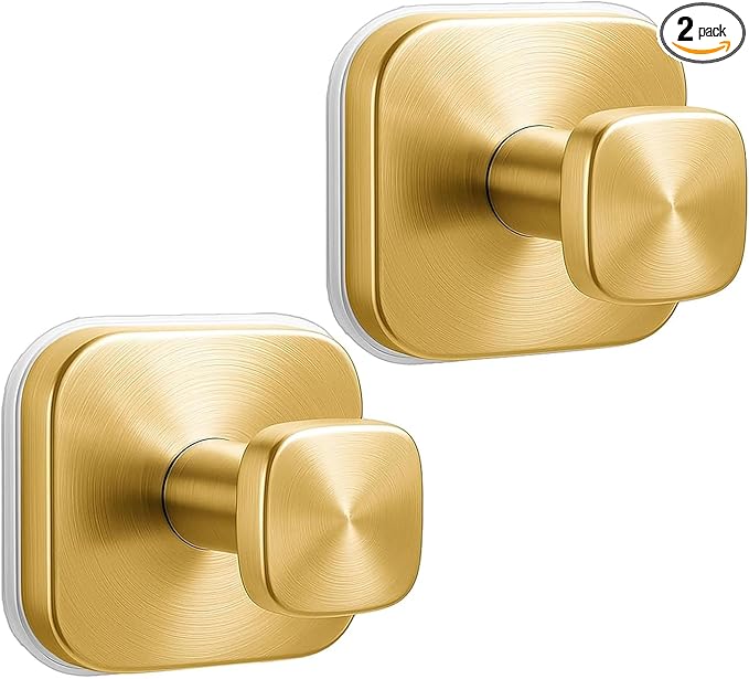 2Pcs Square Suction Cup Hook, 304 Stainless Steel Shower Hook, Removable Suction Cup Knob for Shower, Bathroom, Kitchen, Glass Door, Mirror (Gold)