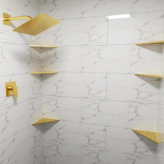 POPFLY 10 Inch Gold Corner Shower Shelf 2 Pack, 304 Stainless Steel Bathroom Shelves for Tiled Wall, No Drilling Recessed Organizer, Luxurious Floating Shower Shelf with Anti-Slip Design, PF7501G