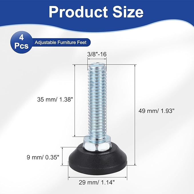 uxcell 3/8"-16 Thread Furniture Feet Levelers, 4Pcs 35mm l Adjustable Furniture Feet Screw in Threaded Leveling Leg Screw on Chair Foot Glides Leveling for Table Chair Cabinet Black