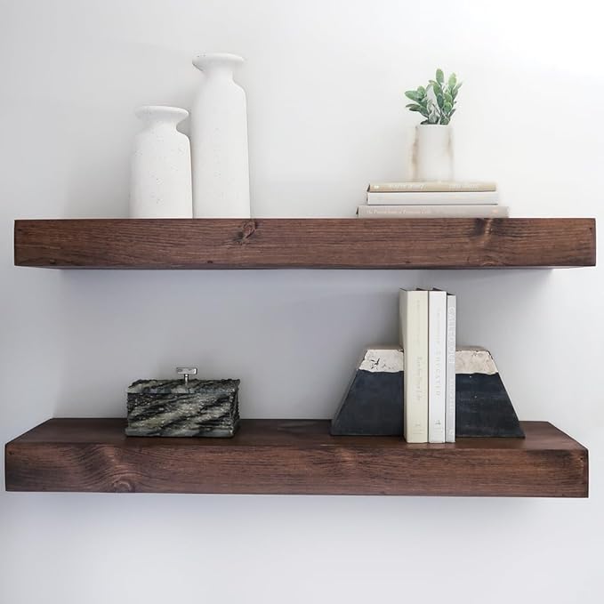 Urbandi Modern Floating Shelves 3 Inches Thick for Wall, Wide Shelves for Kitchen, Living Room, Bedroom, and Bathroom, Natural Pine Wood, Rustic Wooden Shelf, (Set of 2) (Provincial, 48Lx3Hx8D)