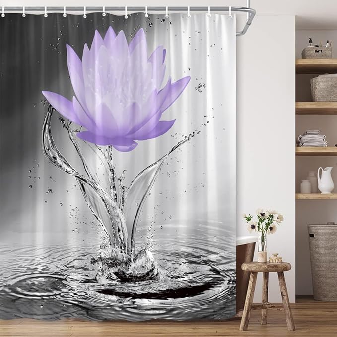 Lotus Shower Curtain Black White Grey Violet Flower Elegant Blooming Floral with Dew Spring Flower Reflection on Water Modern Romantic Polyester Fabric Bathroom Decor 70×96 Inch with Hook