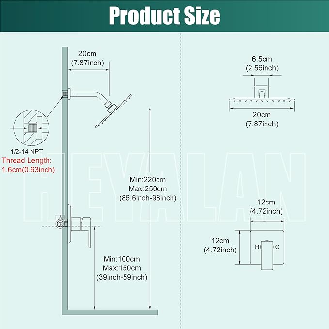 Heyalan 8 Inch Shower Head and Handle Set Square Shower Faucet Set Bathroom Rainfall Shower System Stainless Steel Showerhead Single Function Shower Trim Kit,Female Thread Valve,Polished Chrome