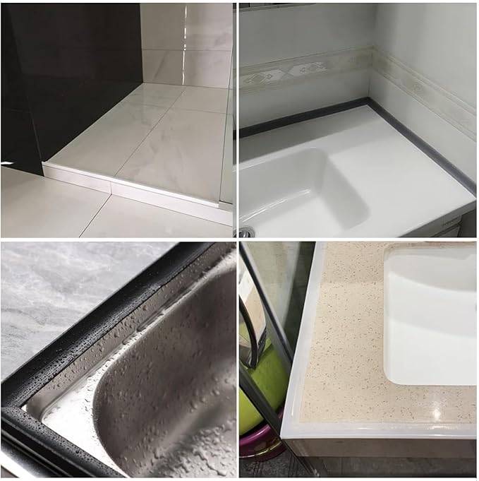 39 Inch Shower Threshold Water Dam Barrier,Silicone Shower Door Bottom Seal for Water Stopper,Flexible Edge Trim for Kitchen Sink Splash Guard,Self Adhesive Water Blocker for Bathtub,Black