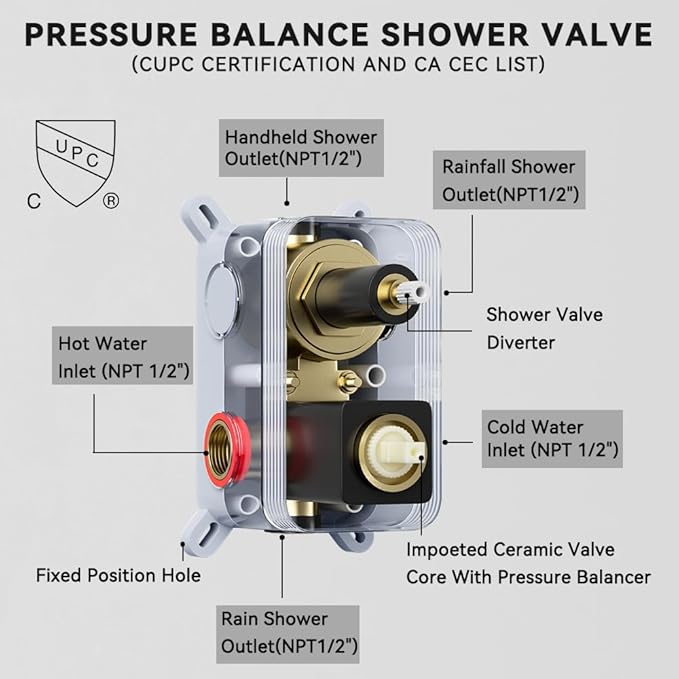 Shower Faucet Set Matte Black Shower Systems, STARBATH 3 Way Shower Faucet with 2 in 1 Handheld, Ceiling Mount 12+6" Dual Rain Shower Head for Two People, Shower Valve with 5 Diverter Complete