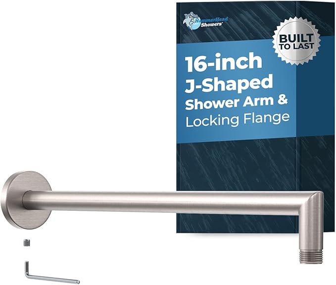 HammerHead Showers® Solid Metal 16 Inch Extended Shower Arm and Flange with Set Screw, Long Shower Arm, Extends Rain Shower Overhead, Wall-Mounted Rain Shower Arm, Brushed Nickel