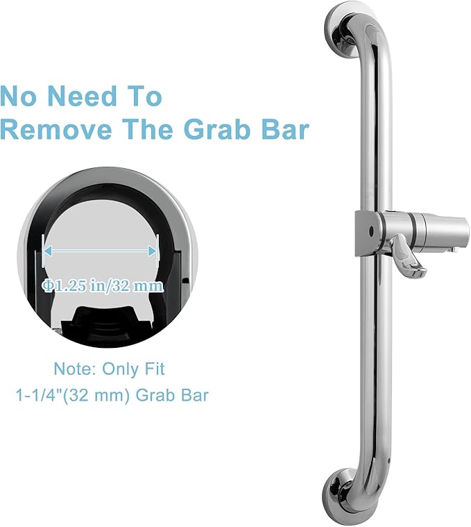 OFFO ADA Handshower Shower Grab Bar Head Holder, Universal Fit 1.25''(32mm) Hand Held Shower Bracket for Handicap Grab Bar, Detachable Bathroom Replacement, 360 Degree Rotation Sprayer Holder, Chrome