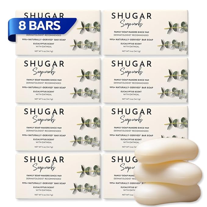 Shugar Soapworks Oatmeal & Eucalyptus 5 oz Beauty Bar Soap 8-Pack | Plant-Based Formula | Sulfate & Paraben Free | Moisturizing Gentle Cleanser for Sensitive Skin, Body & Hands