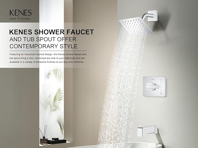 KENES Chrome Tub and Shower Trim Kit, Square Tub Shower Faucet Set Complete with 6-Inch Rainfall Shower Head and Tub Spout, KE-6025A-5 (Shower Valve Included)