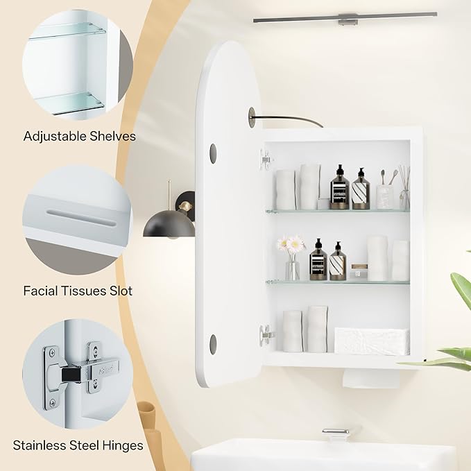 LED Arched Bathroom Medicine Cabinet with Mirror, No Assembly Needed, Recessed or Surface Mount Wall Storage Cabinet, Mirror Cabinet with Tissue Slot (Bevel-LED, 29.5" L x 15.7" W)