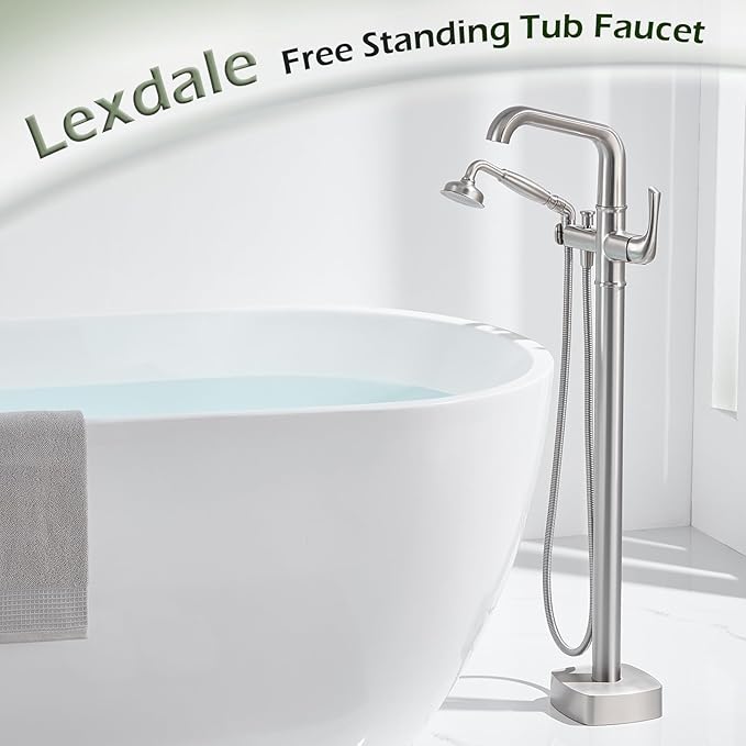 Luxury Free Standing Tub Faucet, Classic Brass Freestanding Bathtub Faucet, Lexdale Bathroom Floor Mount Tub Filler with handheld Sprayer Supply Lines Included Brushed Nickel (LD8911-BN)