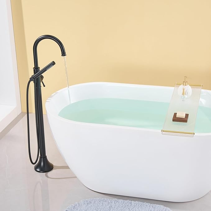 Free Standing Tub Faucet Black Freestanding Bathtub Faucet Floor Mount Brass Bathroom Tub Filler with Hand Shower