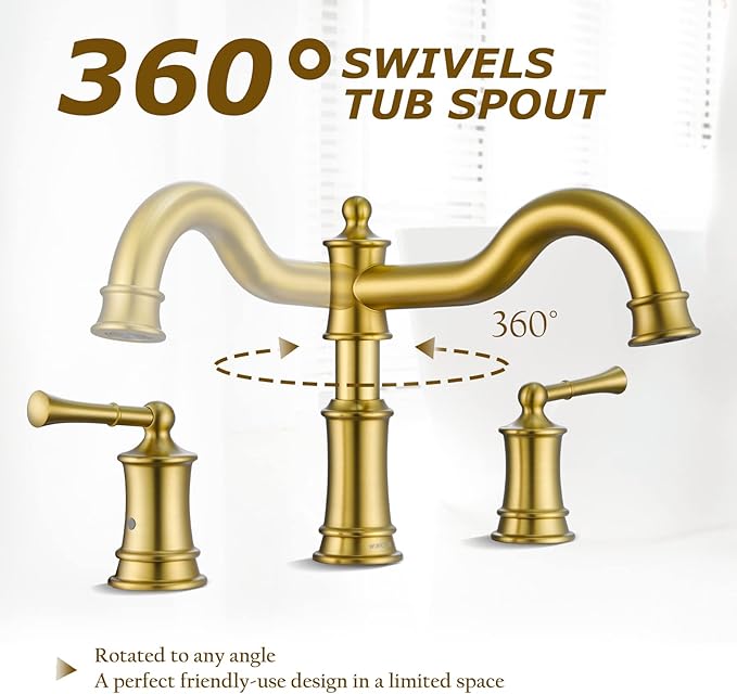 Roman Bathtub Faucet Deck Mount Tub Faucet for Bathroom Widespread Elegant Classic Spout with 3 Holes 2 Handle Valve Cartridge Included,Brush Gold