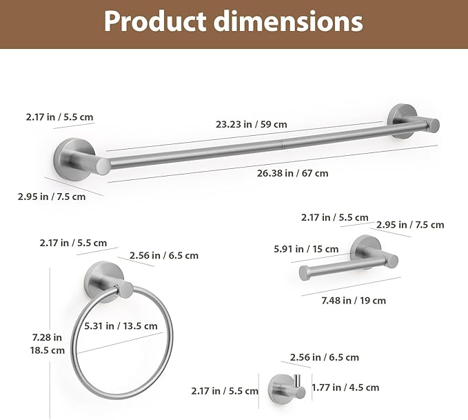 Brushed Nickel Bathroom Hardware Set 4 Piece Towel bar Set,Towel Rack for Bathroom Wall Mounted Adjustable Expandable 24 inch Towel Holder Robe Hook Towel Ring Toilet Paper Holder