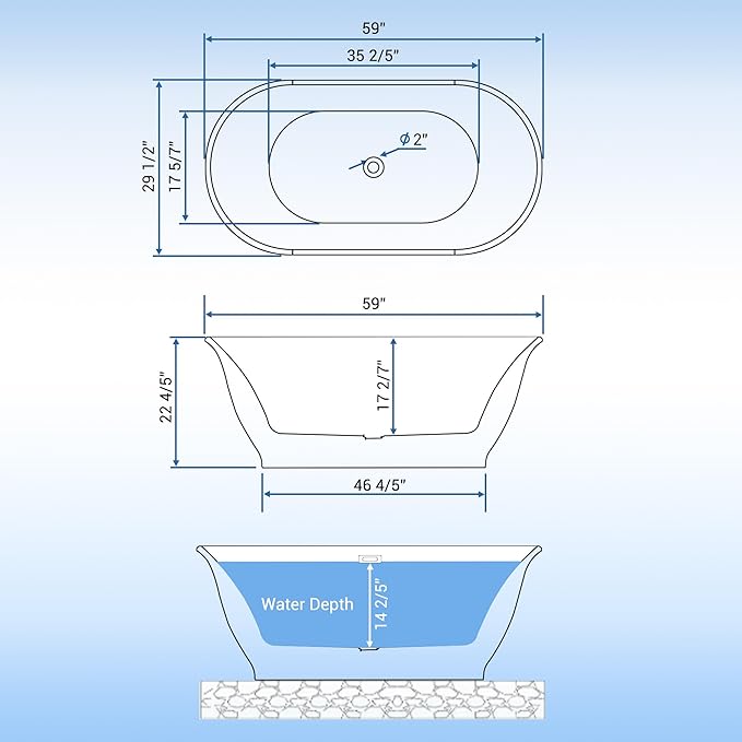 Freestanding Bathtub 59 Inch Oval Acrylic Soaker Tub – Flared-Edge Free Standing Bathtub with Gray Exterior White Interior, Chrome Drain & Overflow