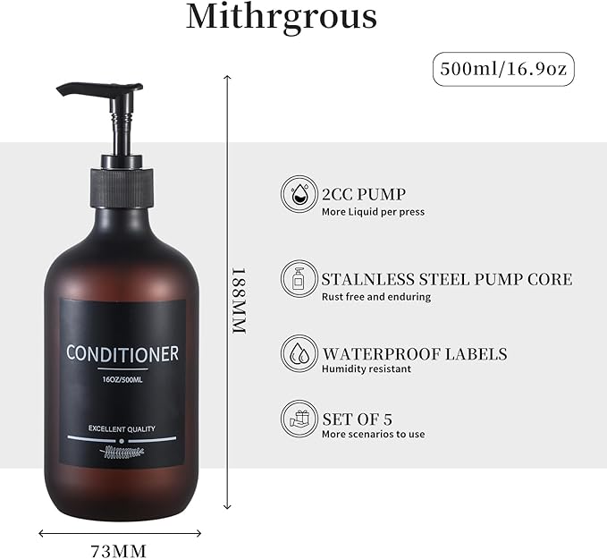 Refillable Matte Amber Plastic Shampoo and Conditioner Bottles (5 Pack, 16.9oz), with Pumps and Labels