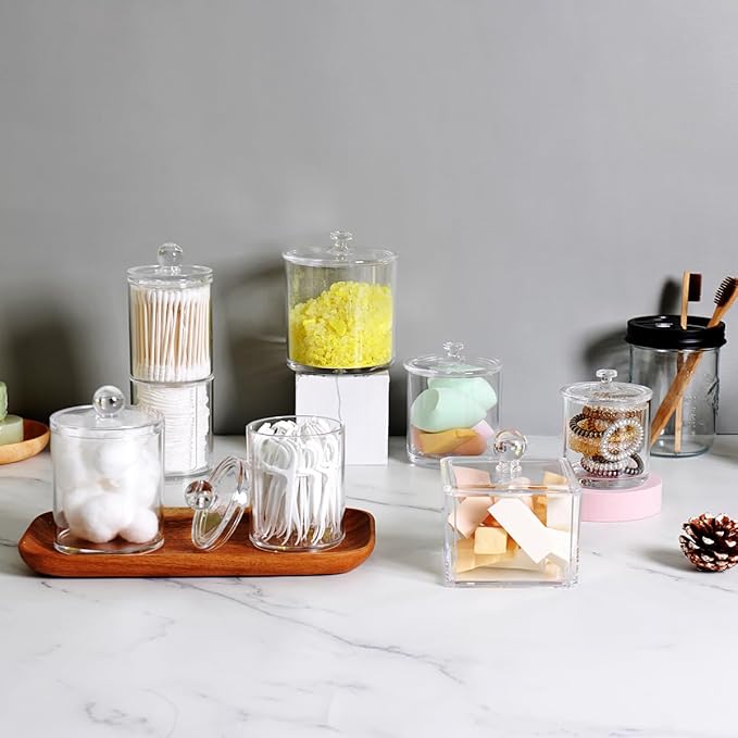 Modern Square Qtip Holder Acrylic Bathroom Vanity Countertop Storage Organizer Canister Jar for Cotton Swabs, Rounds, Balls, Makeup Sponges, Bath Salts - 2 Pack - Clear