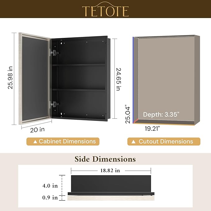 TETOTE Brushed Nickel Medicine Cabinet 20" x 26" Recessed or Surface Wall-Mounted Aluminum Alloy Framed Medicine Cabinet Stepless Adjustable Shelves