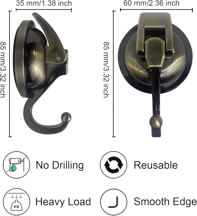 Heavy Duty Vacuum Suction Shower Hooks - Glass Suction Cup Bathroom Robe Hooks, Reusable, No Hole Punched - Bronze, 4 Pack