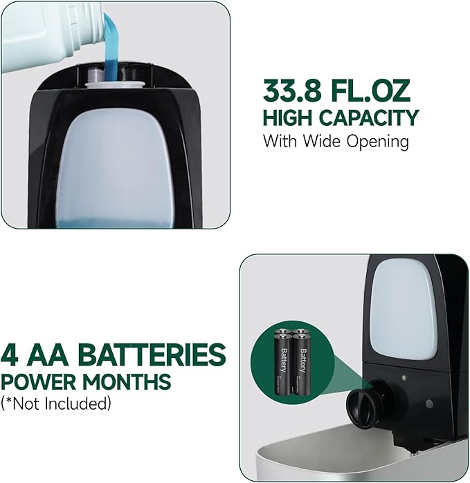 Commercial Automatic Soap Dispenser Large 34oz/1000ml Capacity Wall-Mounted Touchless Liquid Dispenser for High-Traffic Restrooms, Offices, Hospitals Model AD1220S Silver