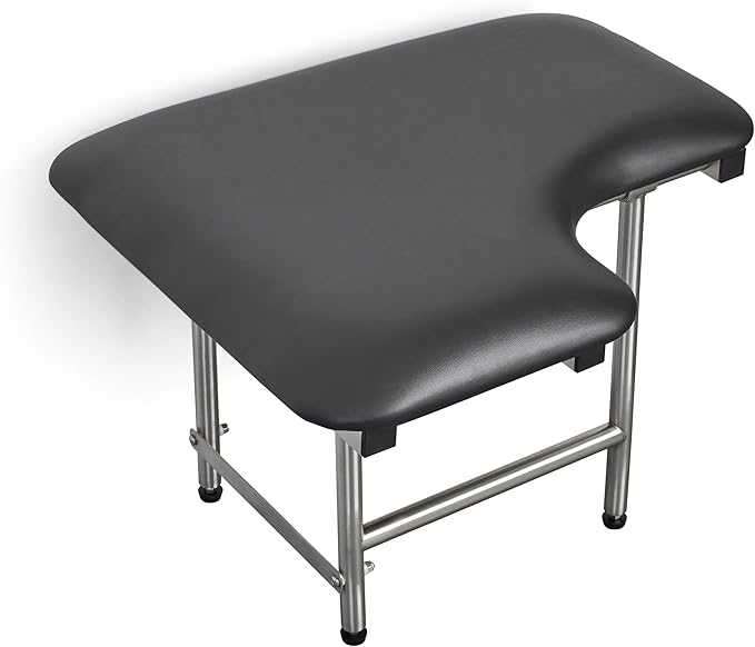 28" x 22.5" Black Padded Wall Mount Folding Right-Handed Transfer Bench Shower Seat with Legs, ADA Compliant