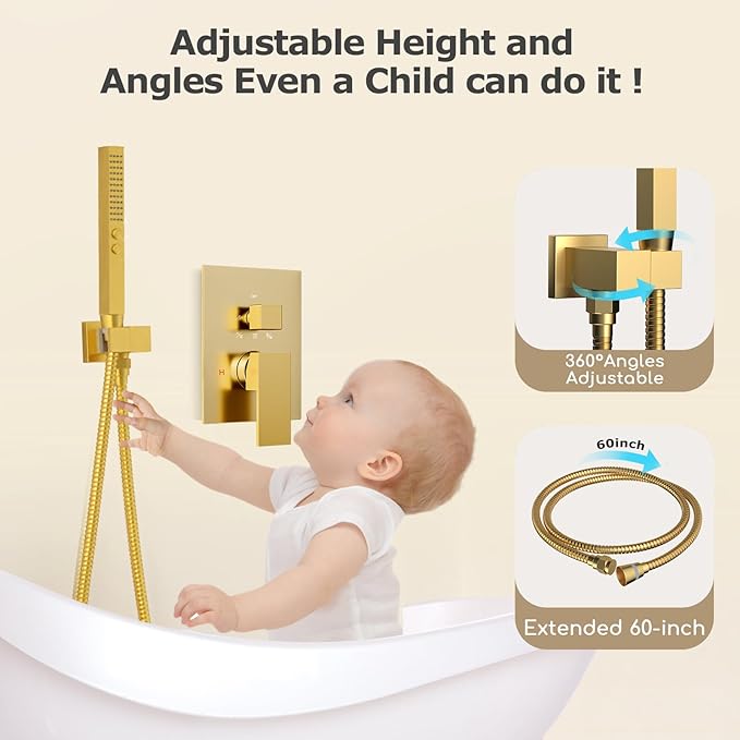 Dual Shower System Brushed Gold,Five Functions Knob Diverter Rainfall Shower Faucet Set with 2 in 1 Handheld Spray,12'' Ceiling Mount and 6'' Wall Mount Rainfall Shower System