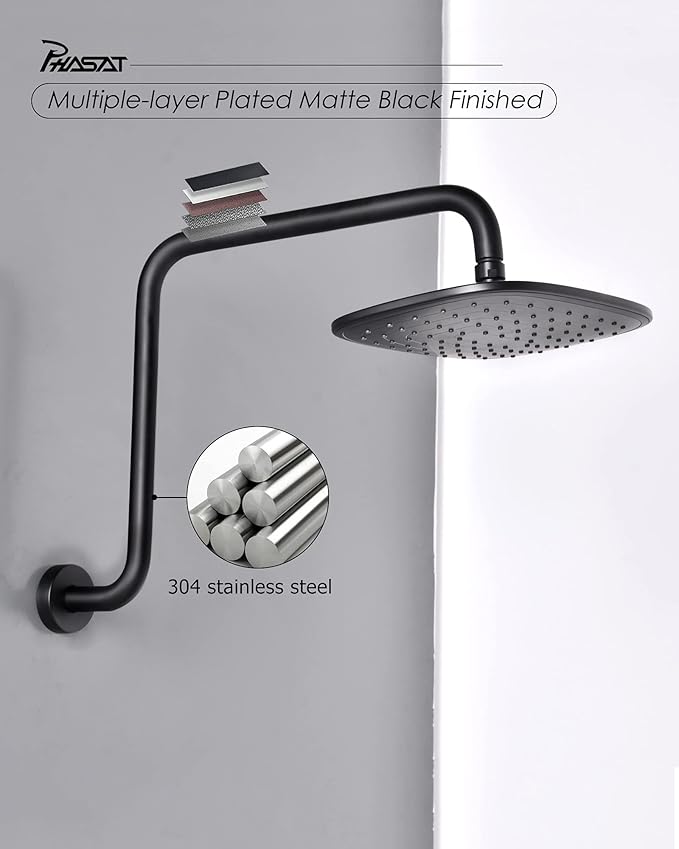 PHASAT 16 Inches Black Shower Head Arm,S Shaped Shower Arm with Flange,High Rise Shower Head Extension Matte Black,PU9H02
