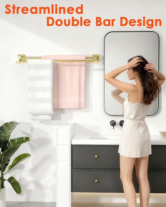 Alise Bath Double Towel Bars Towel Racks for Bathroom Lavatory,Wall Mount Towel Holder Heavy Duty SUS304 Stainless Steel Towel Hanger Towel Rail,Gold Finish,20 Inch