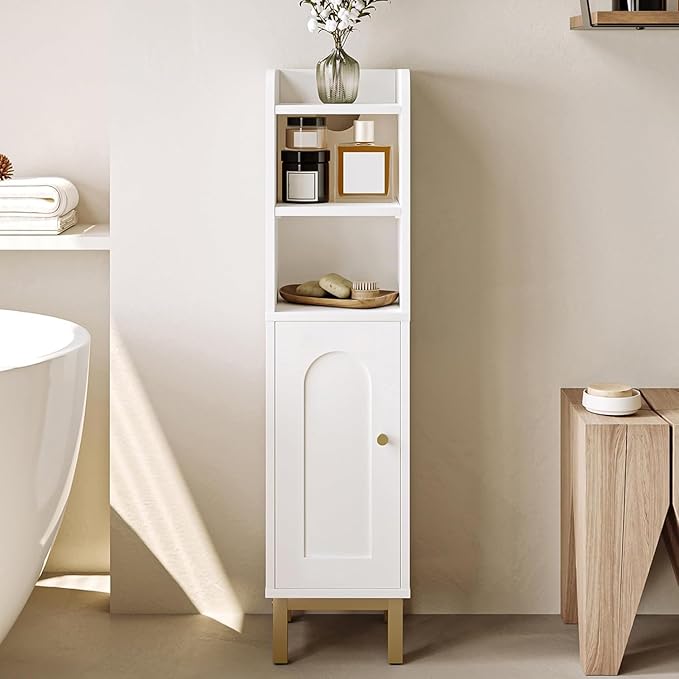 Bathroom Storage Cabinet, Small Corner Floor Cabinet with Door and Shelves, Narrow Toilet Paper Holder, Bathroom Organizer with Adjustable Shelf, for Small Spaces, White BC08203X