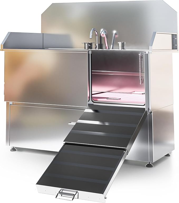 Dog Washing Station – 61 inch Professional 304 Stainless Steel Grooming Tub w/Ramp, Drawer, Faucet & Floor Grate, Dog Bathing Station for Large, Medium & Small Pets, 19" Leak-Proof Deep Soak