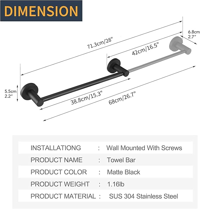 BESy Adjustable 15 to 26 Inch Single Bath Towel Bar Rack for Bathroom Accessories SUS304 Stainless Steel Towel Holder, Wall Mount with Screws Hand Towel Bar Rod Hotel Style, Matte Black