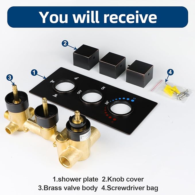 HOMEDEC Brass 3 Way Shower Diverter Valve, Thermostatic 3 Handle Control Shower Mixing Valve Trim Kit Replacement, Rough In, Oil Rubbed Bronze