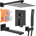12 inch Square Shower Head and Handheld Set, Gasecoet Shower System with Tub Spout Wall Mounted Shower Faucet for Bathroom - Matte Black (With Shower Valve)