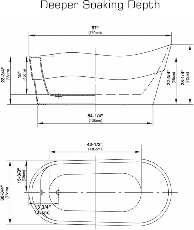 Empava Bathtub, 67" Soaking Tub, Acrylic Free Standing Tub with End Drain and Overflow, Contemporary Design Bathtub for Bathroom, cUPC Certified, Glossy White