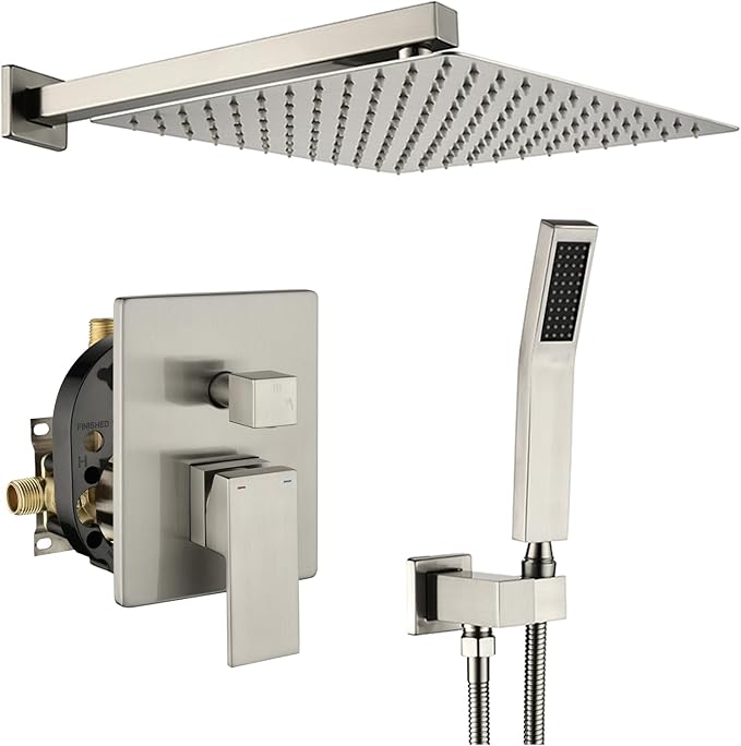 WELLFOR 12-In Wall Mounted Rain Shower Faucet with Single Handle and Handheld Spray, Waterfall Dual Head Shower Head System with 2-way Diverter, Pressure-balanced Valve Included, Brushed Nickel
